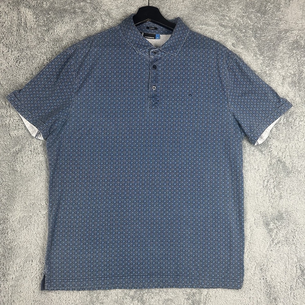 J.Lindeberg Shirt Mens XL Slim Fit Polo Blue Geometric Print Floral Short Sleeve